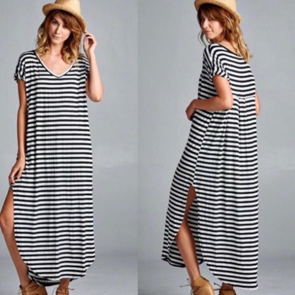 Stripes Black White Boho Oversized Maxi Dress M L